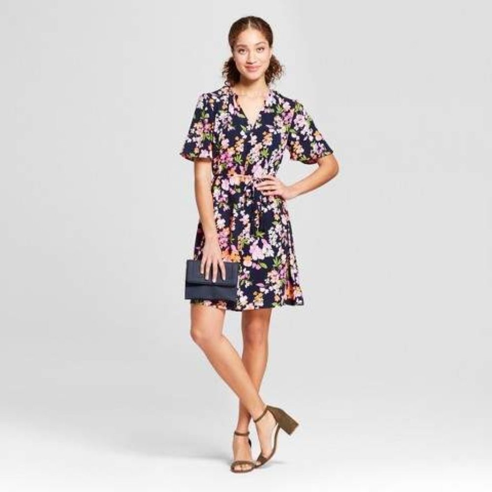 A New Day Floral Print Short Sleeve Tie Waist Crepe Dress